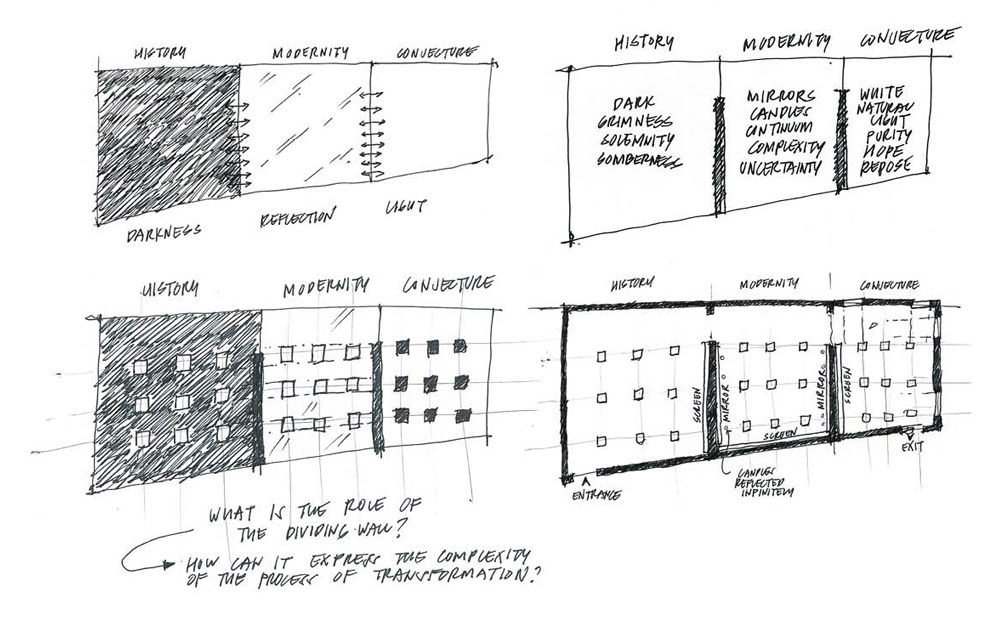 Initial sketches of the Muhon pavilion concept. The team used properties of light to accentuate the progression and transformation of every muhon in the three chambers. 