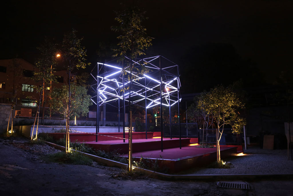 The pocket park by the F&B area of APW bangsar features a light installation by architect-artist Jun Ong.