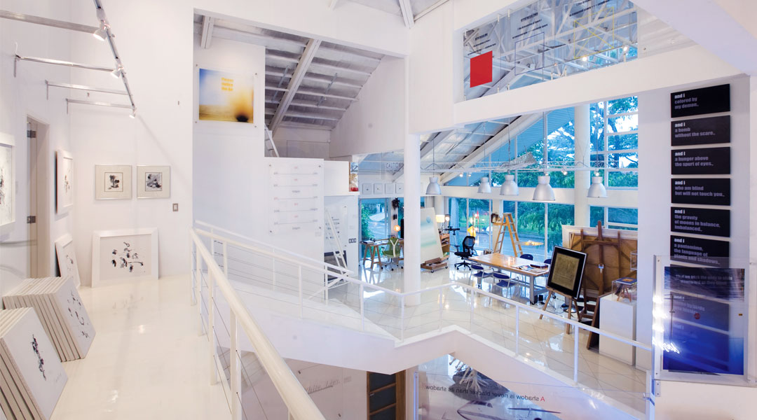 Panoramic view of the Syjuco ArtLab from the third floor indoor veranda, showing the cathedral-like space of the main atrium. Cesare's bedroom is to the left, while the painting nooks of Cesare and Jean-Marie are on the right. Below is the main entrance and sala level devoted to Cesare's famed Literary Hybrid works.
