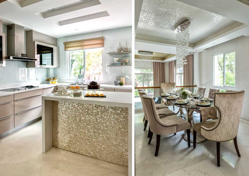 A lavish chandelier and plush circular rug serve to center off-white seating and a coffee table encrusted with mother-of- pearl in the high-ceilinged living area.