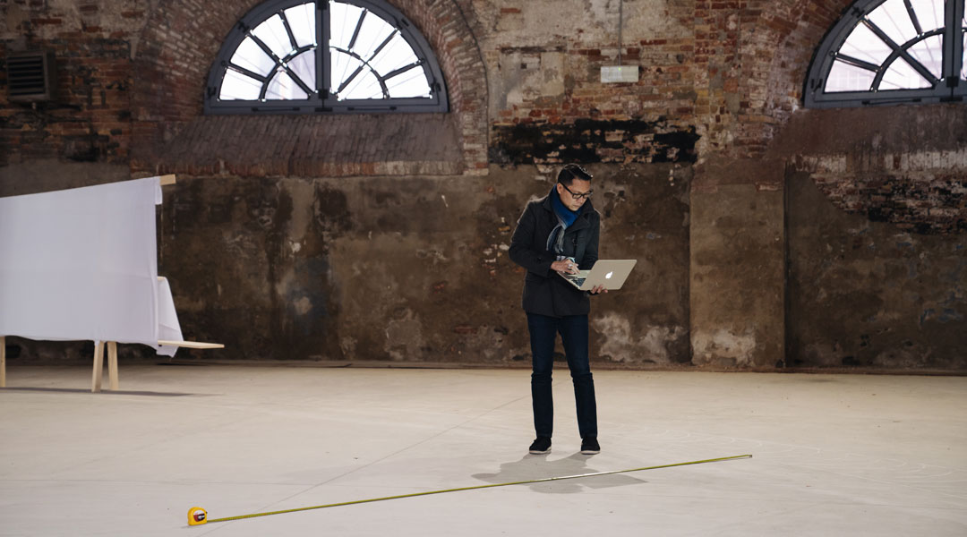 Edson Cabalfin takes measurements for the Philippine pavilion for the Venice Architecture Biennale at the Arsenale | Photo by Andrea D'Altoè for PAVB