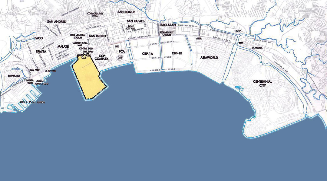 In this map of Manila Bay area, the yellow portion adjacent to the CCP Complex and Manila Yacht Club is the proposed area for reclamation by proponent Goldcoast Development Corp.