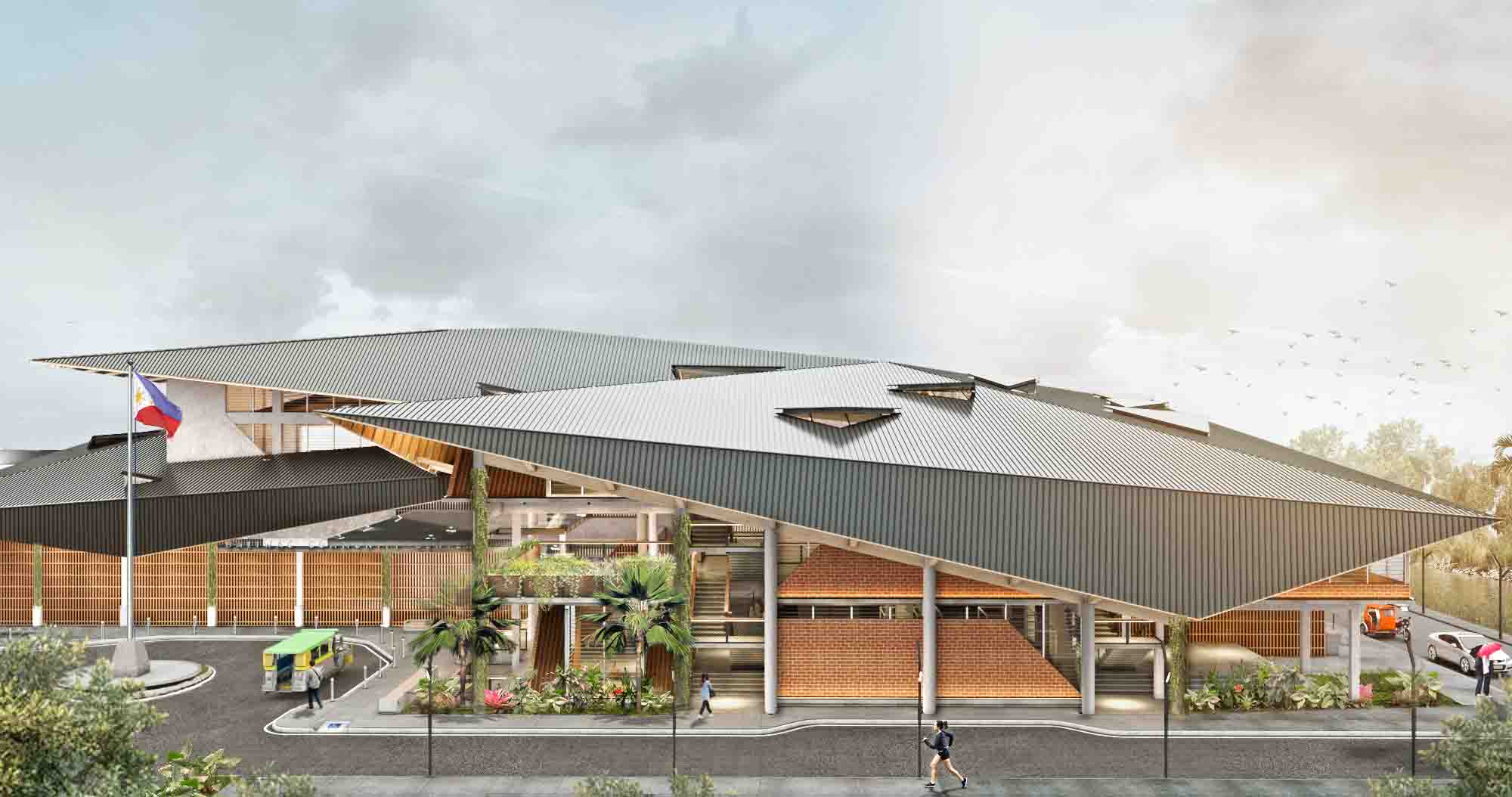 rendering of Baliwag Community Center with slanted roofs and brick facades.