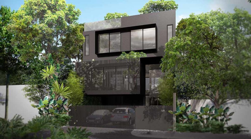 3-story modern bahay kubo design with dark grey facade and two car garage.