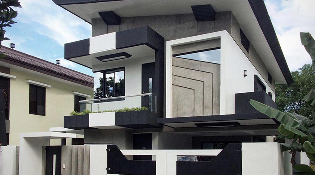 Architectural details of modern bahay kubo design with large windows and a balcony.