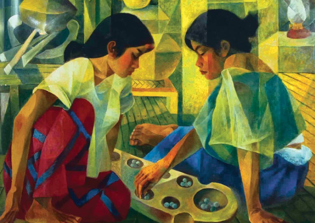 A painting of two women playing sungka by Vicente Manansala, an example of contemporary arts in the Philippines.