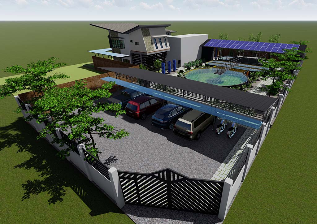 3D rendering of the property featuring the parking area, fishponds, solar panels on the roof, and a small modernist structure