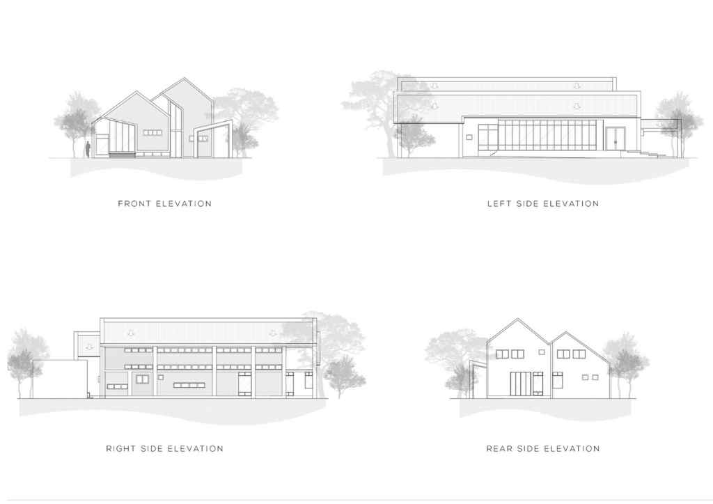 Front, side, and rear elevations of Brick House
