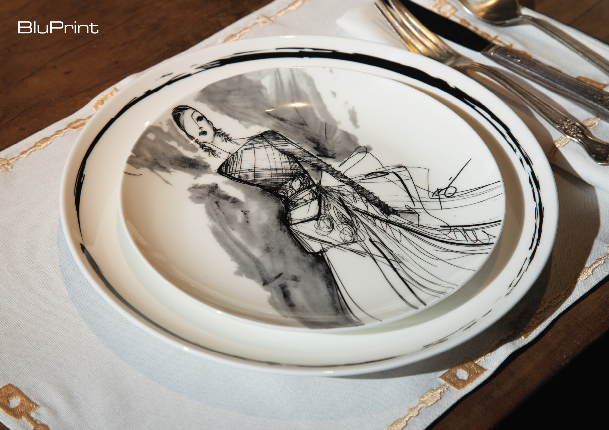 charger and plate featuring fashion illustration design by Rajo Laurel