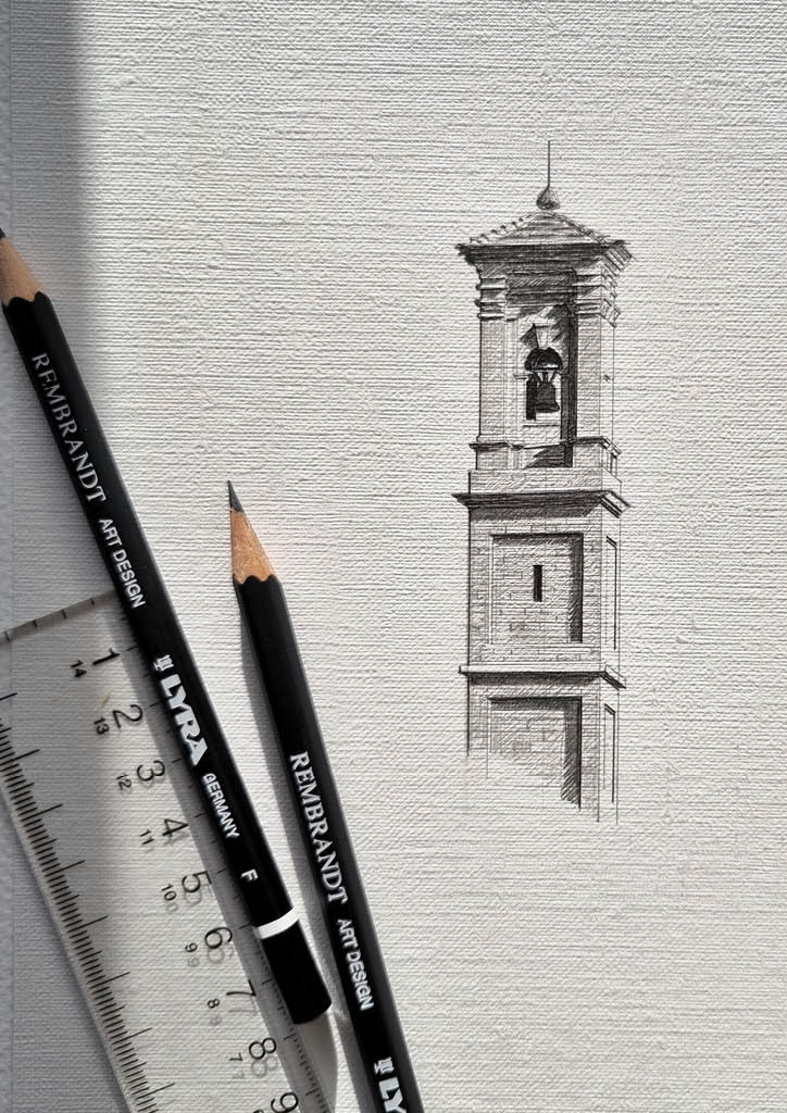 An Italian church tower sketch drawn with pencils on oil painting paper by Chris Henton