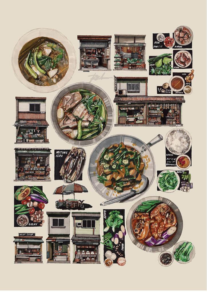 a collection of Filipino dishes and store facades where Rommel and his family buy the ingredients, pen and marker. Art by Rommel Cahilo