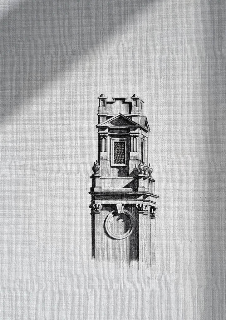 A sketch of Shoreditch Town Hall's tower by Chris Henton.
