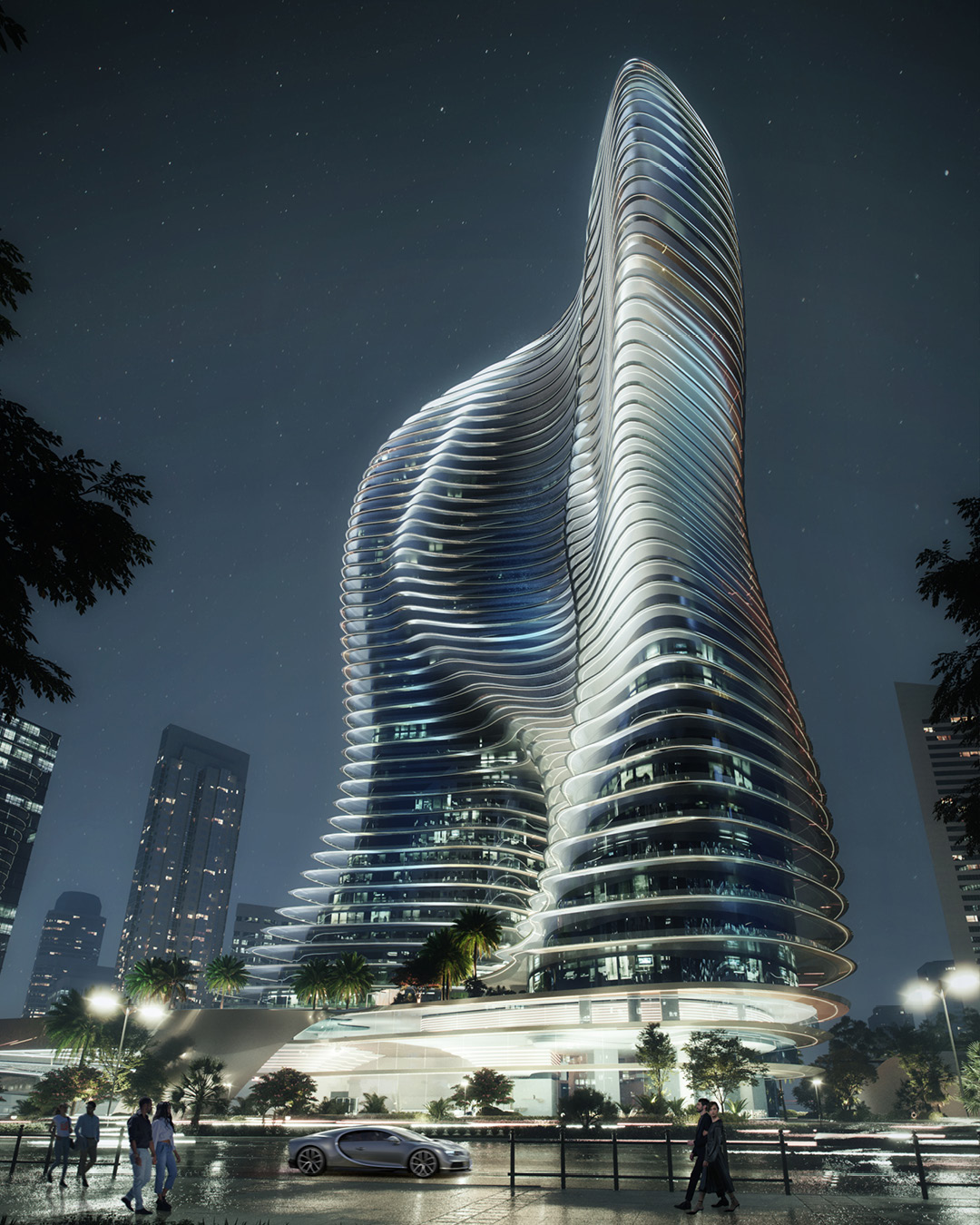Bugatti's first residential development, the 42-story skyscraper has an almost-futuristic facade.  
