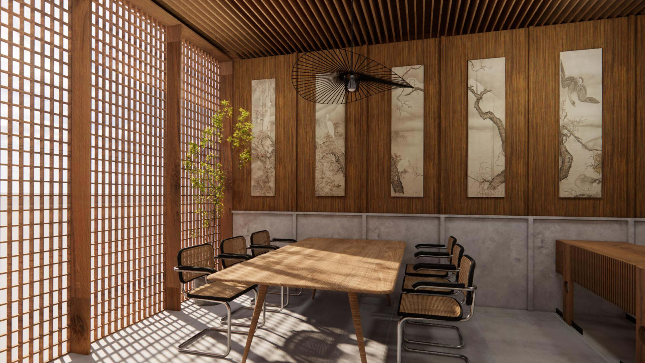 japandi dining area with wooden table, solhiya chairs, and Japanese screens and paintings on the wall.