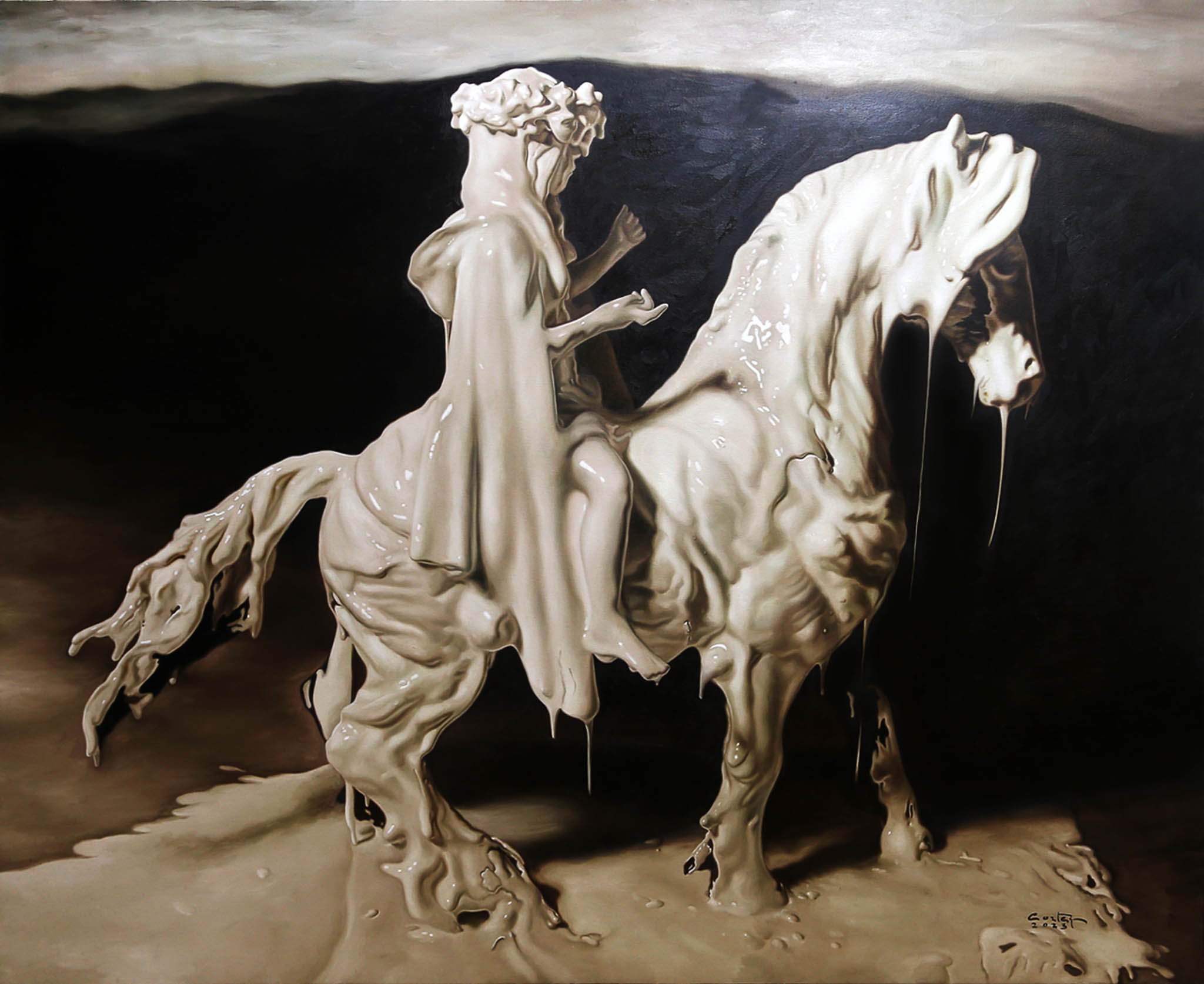 A white mixed media sculpture of a woman on a horse entitled "Reinforcement"