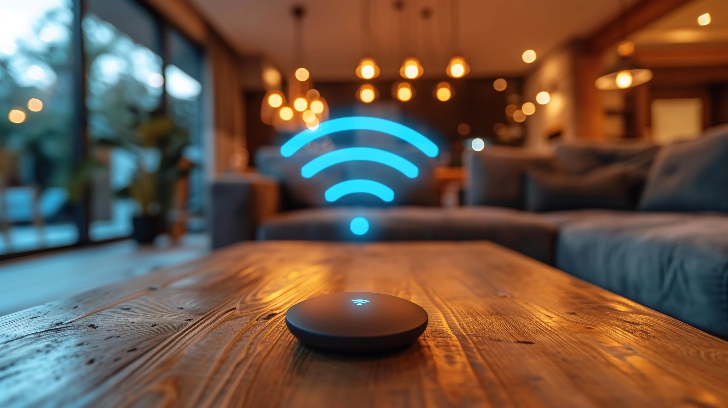 A voice assistant on a wooden coffee table with a wifi icon floating above it.