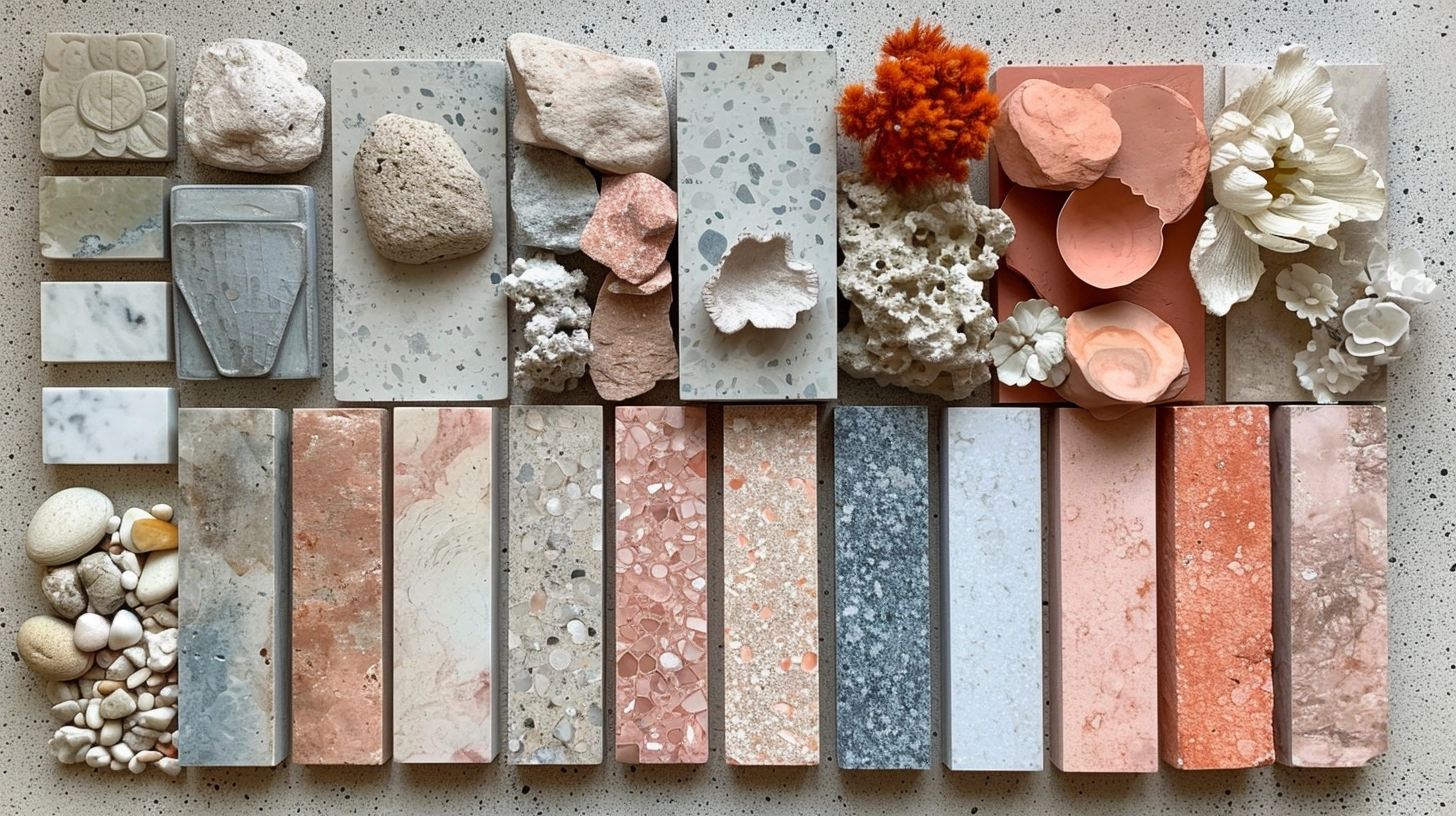A mood board of different palettes and textures for Peach Fuzz, Pantone's color of the year.