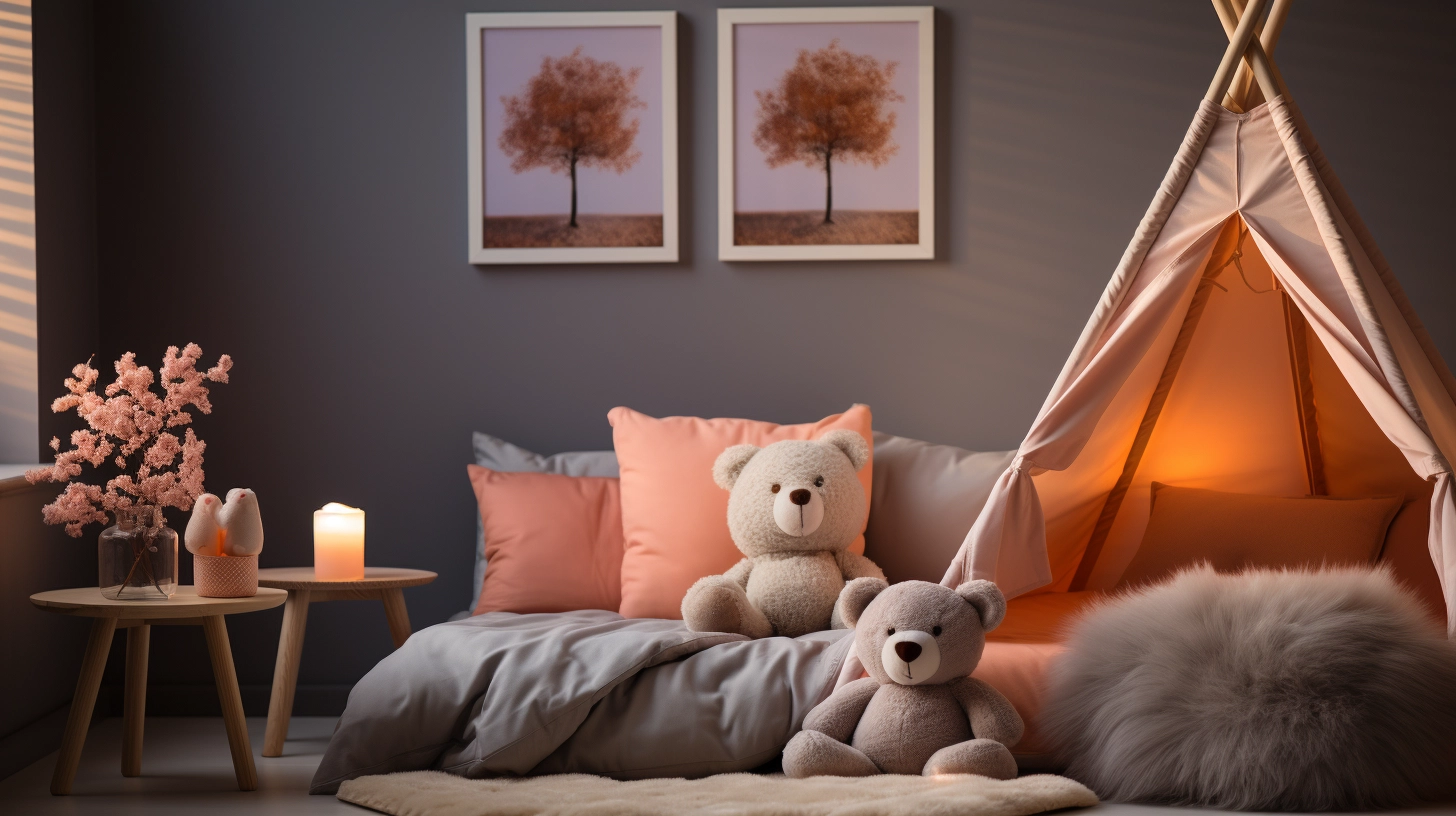 A children's bedroom with Peach Fuzz accent pillows, a teepee, and two teddy bears.