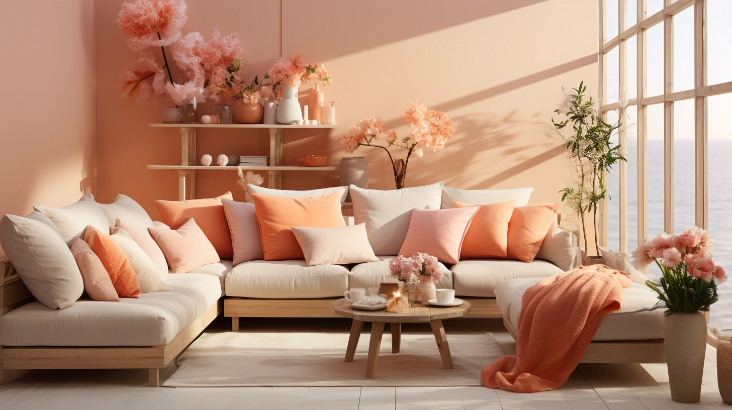 A bright and airy living room with floor to ceiling windows. A white sectional sofa has peach fuzz accent pillows and a throw blanket. The walls are also in light peach fuzz hue.