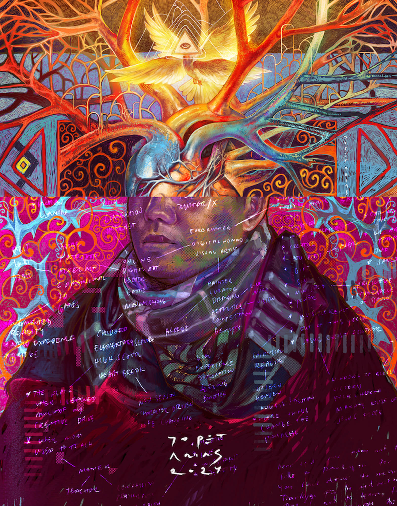 A colorful work of art depicting a person whose head appears to be a human heart.