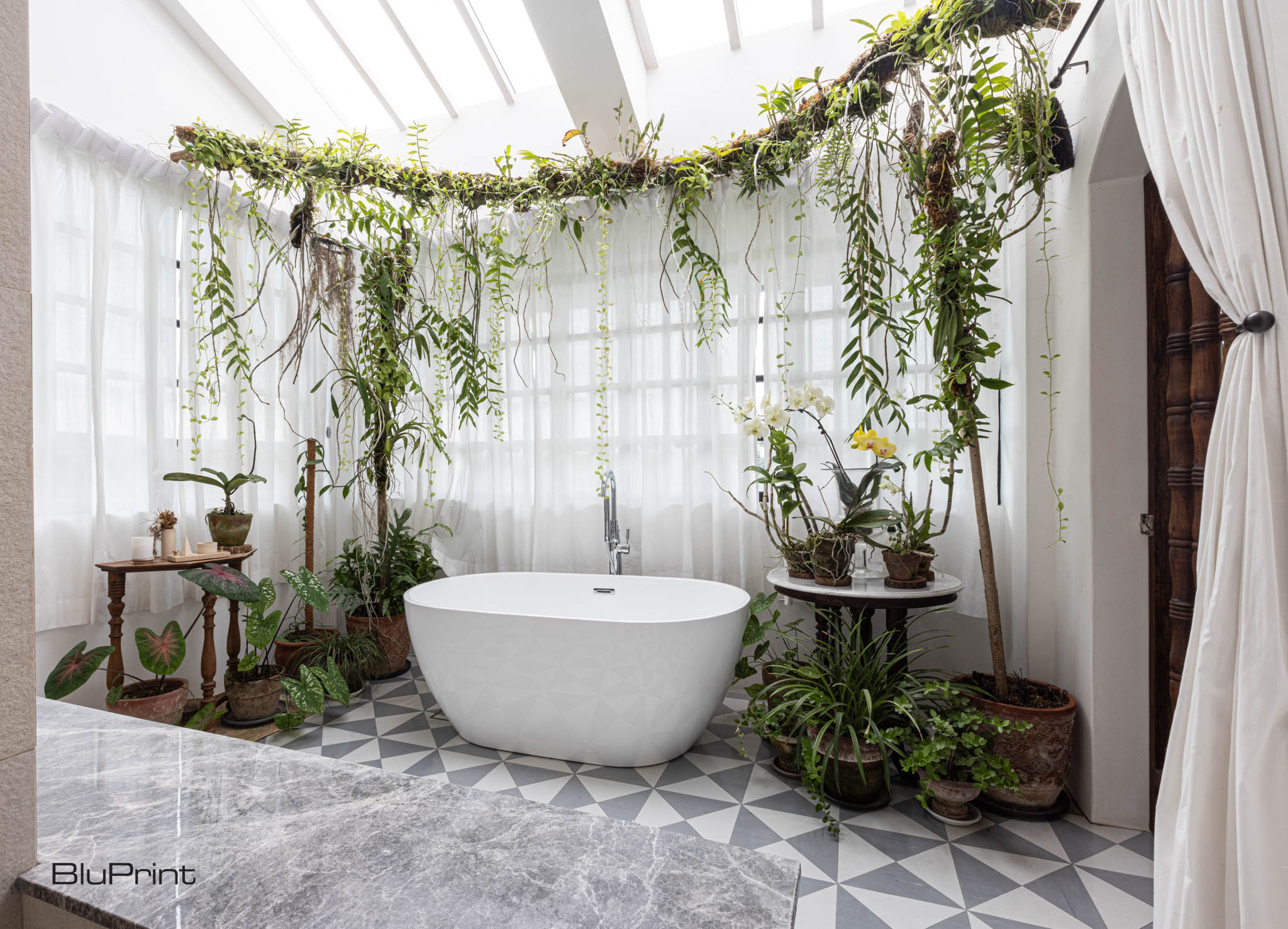 Hanging vines above a large white bath tub, triangle patterned tiled floor.