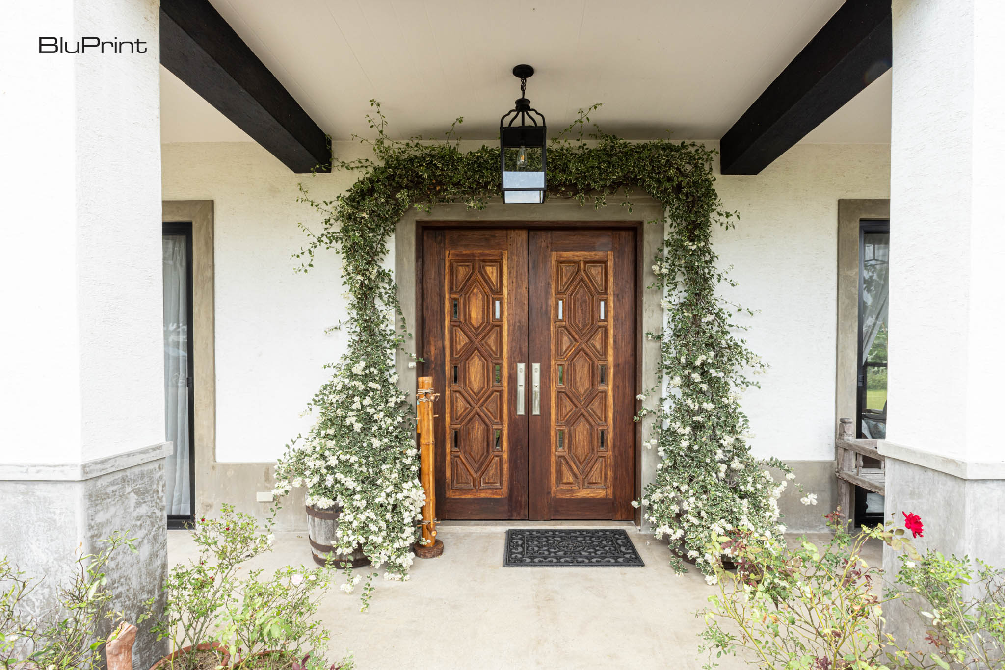 A modern home's large wooden double doors lined with flowering vines.