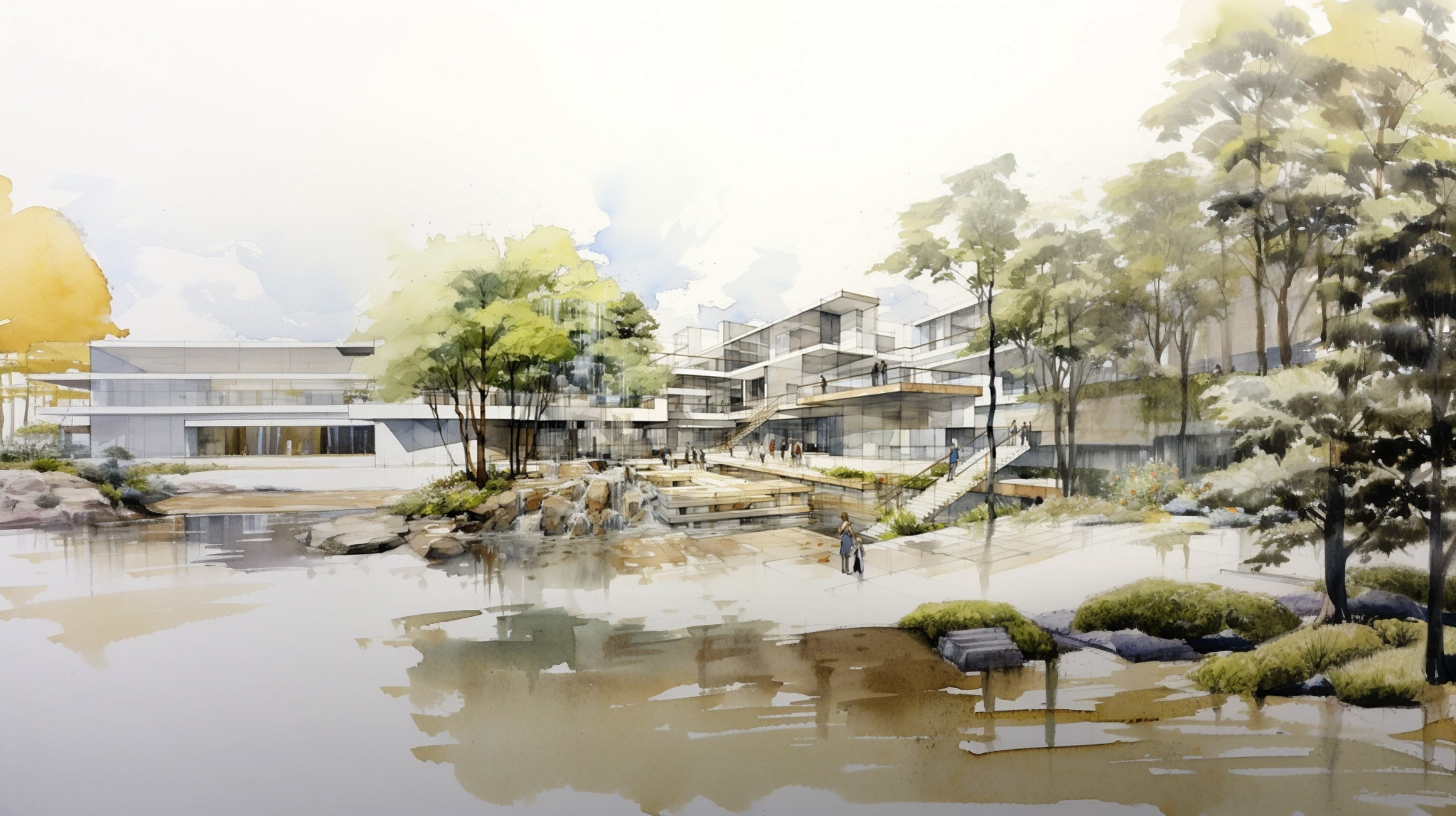 A modern minimalist low rise multi-level mixed use development surrounded by trees and water features.