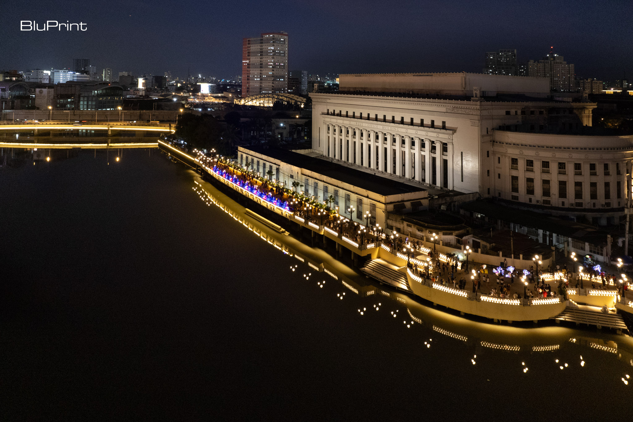 An aerial view of the esplanade along the Pasig River next to the Manila Central Post Office.