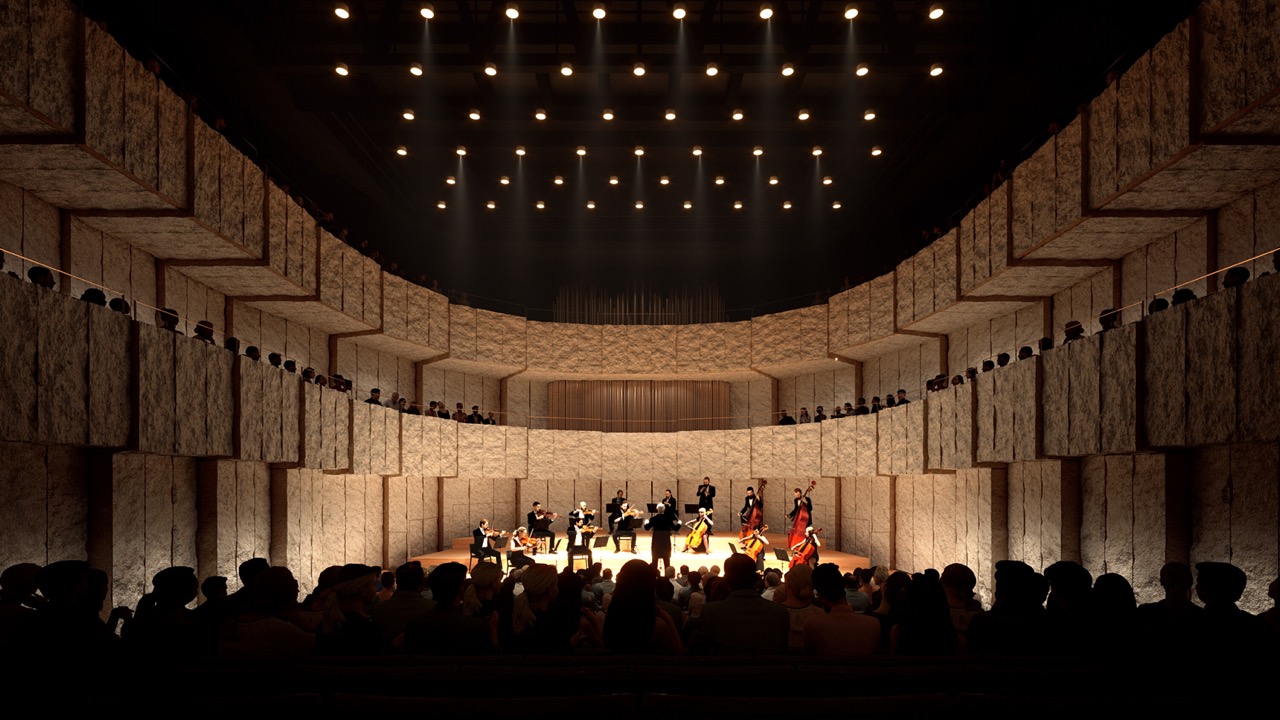 Small Stone Hall with orchestra. 