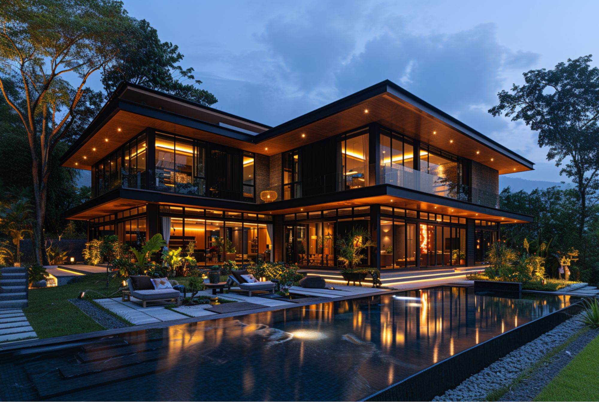 A modern bahay na bato in the evening with a large pool.