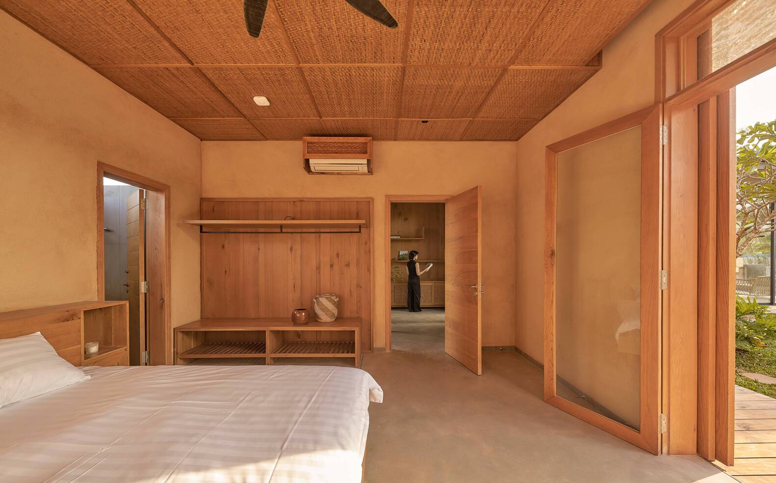 Bedroom with wood casings.