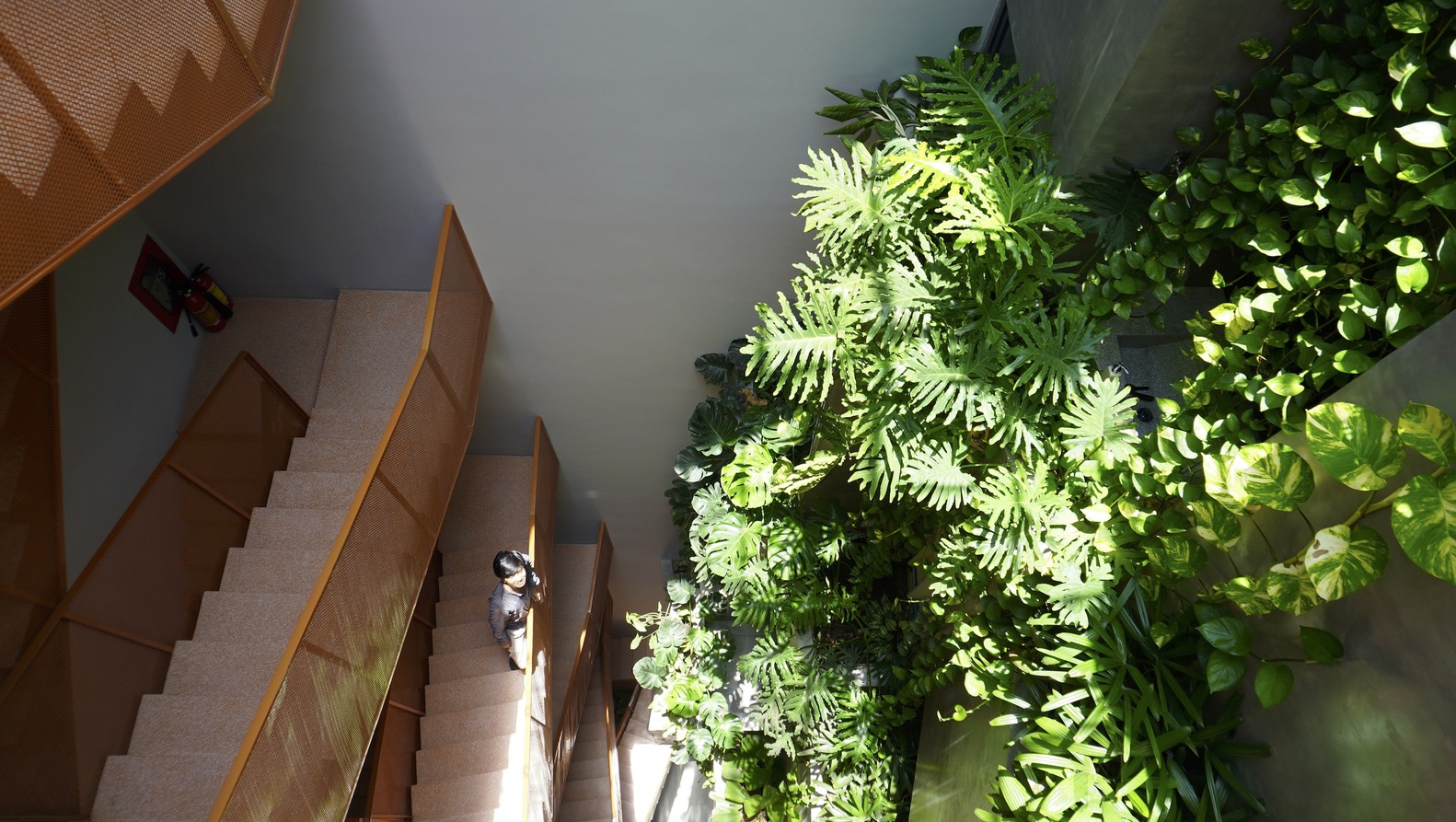 Inside Shelter Stay's brutalist structure is a central stairwell with a greenwall alongside it.