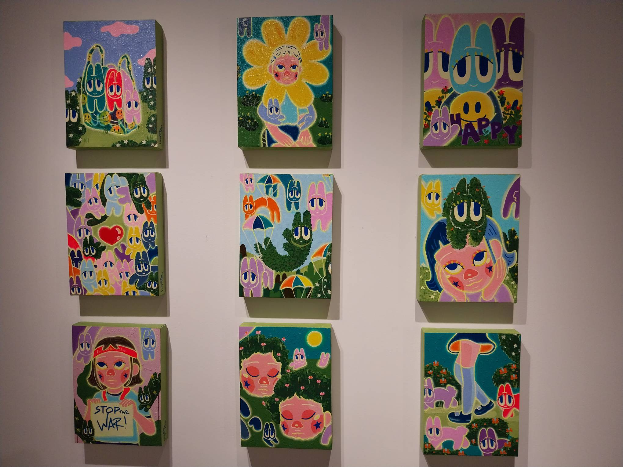 Series of nine paintings by Kim Borja. Photo by Elle Yap.