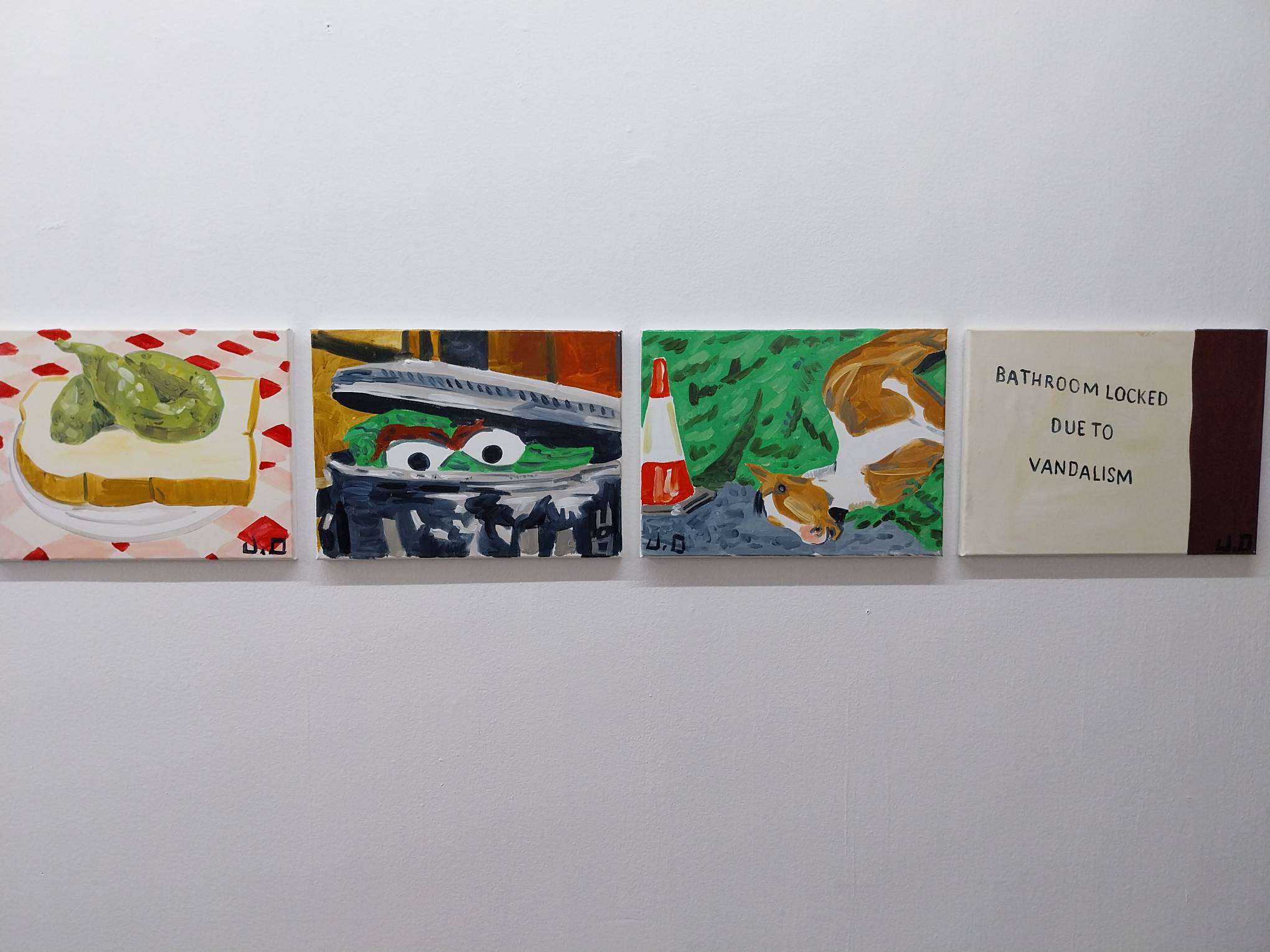 Four paintings by Jayson Oliveria. Photo by Elle Yap.