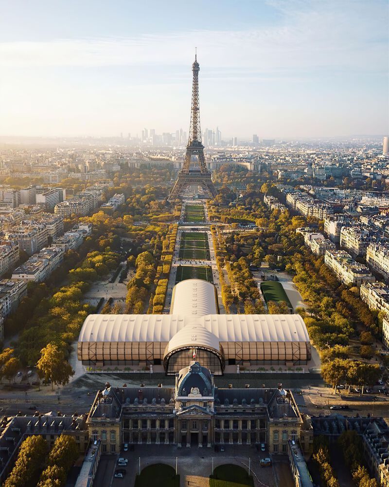 Grand Palais Éphémère, overlooking the Eiffel Tower for the Paris Olympics. Photo by Patrick Tourneboeuf.