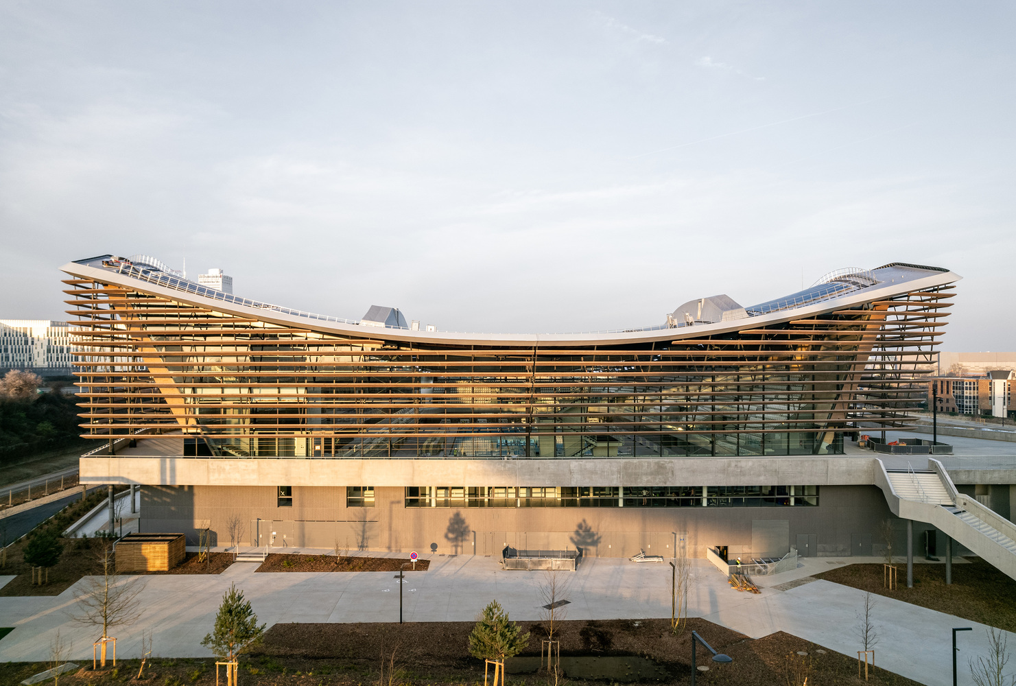 Exterior of the Aquatics Centre Paris. Photo by Salem Mostefaoui and Simon Guesdon.