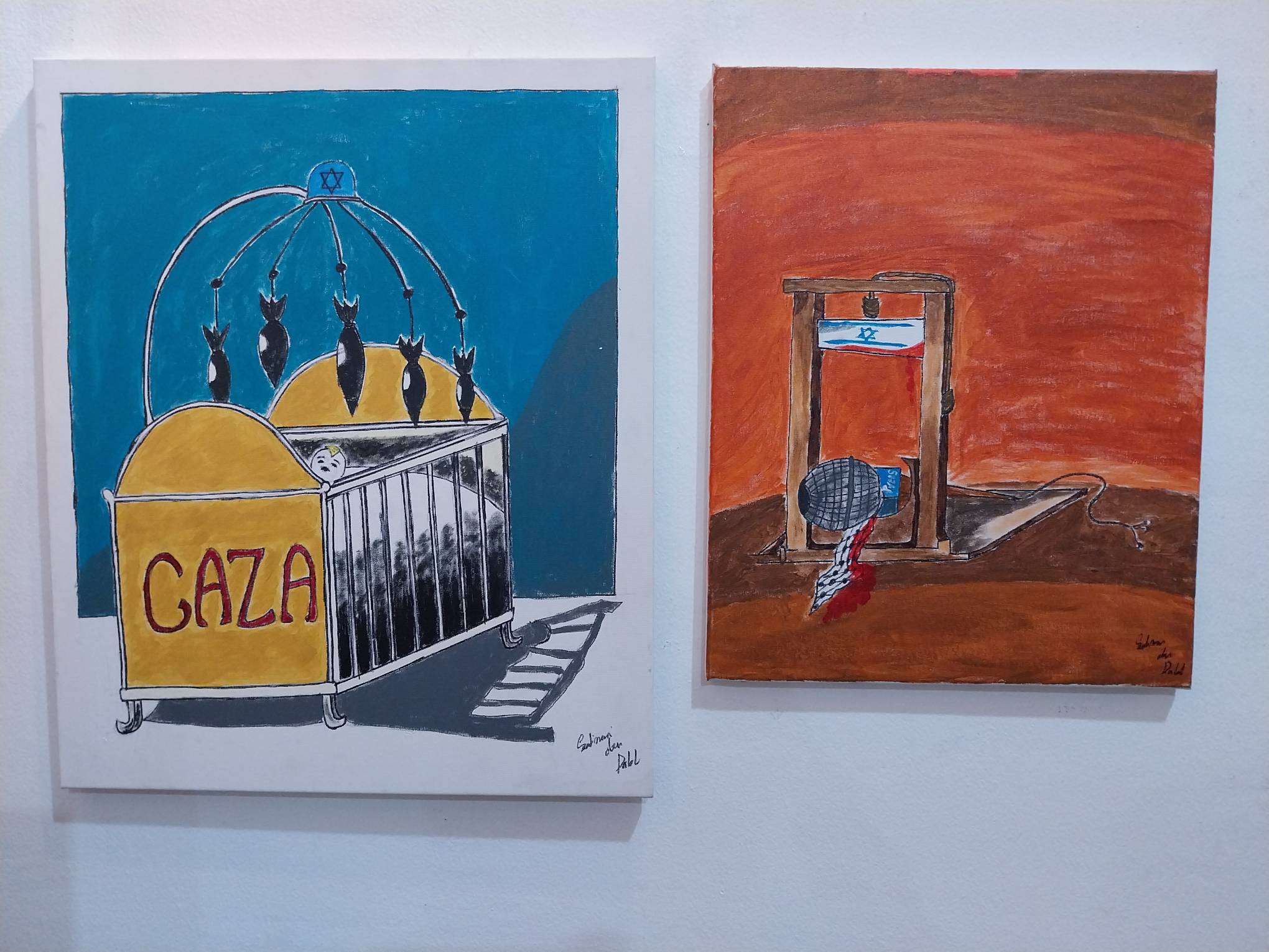 Two works by Brian Barrios for pro-Palestinian exhibit. Photo by Elle Yap.