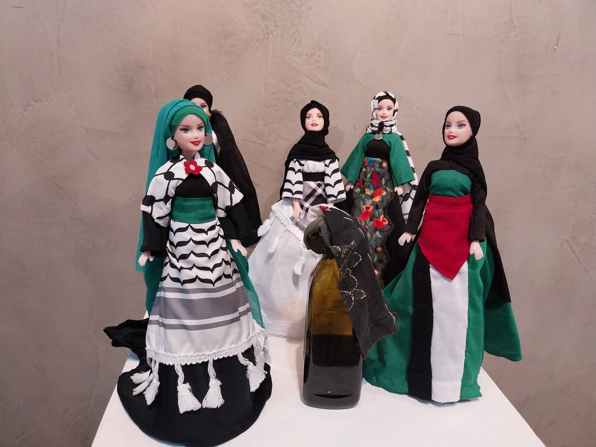 Barbie dolls in pro-Palestinian garb. Photo by Elle Yap.