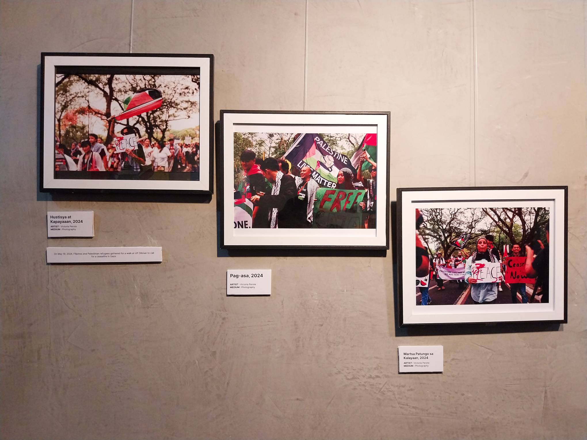 Three images by Victoria Perote of a pro-Palestinian protest.