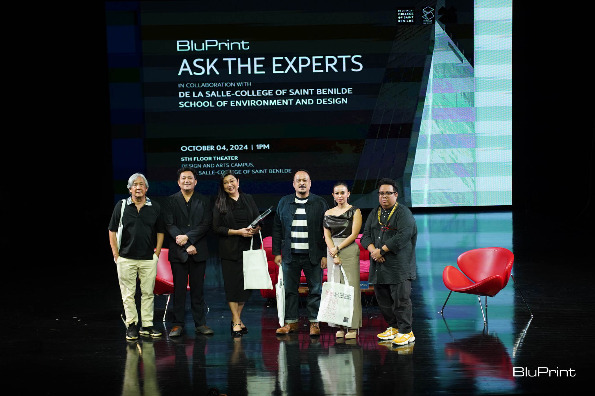 The three panelists for Ask the Experts alongside BluPrint Editor-in-Chief Geewel Fuster and the Dean of CSB School of Environment and Design.