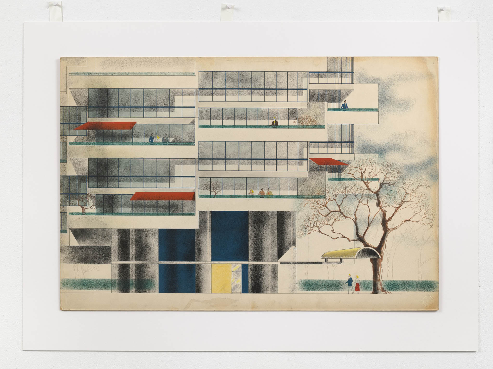 Webb & Knapp Elevation of entrance and lower floors, Helix (1948–1949; unbuilt), New York ca.1948, watercolour on paper  Photo: M+, Hong Kong, digitised with permission | © Pei Cobb Freed & Partners.