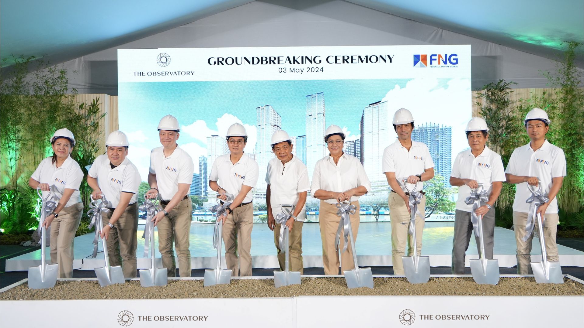 The Observatory's groundbreaking ceremony. From left to right: Margarita Saenz-Ressurreccion (FNG Head of Sales), Arch. Gilbert Berba (FNG Head of Urban Planning & Design), Thomas Mirasol (FNG President), Alfred Ty (FNG Chairman), Hon. Mayor Benjamin Abalos Sr. of Mandaluyong City, Hon. Carmelita Abalos (Mandaluyong City Vice Mayor), Yusuke Hirano (FNG Vice Chairman), Masaya Hirao (FNG Executive Advisor), and Yasuhiro Ohira (FNG Sr. Management Advisor).