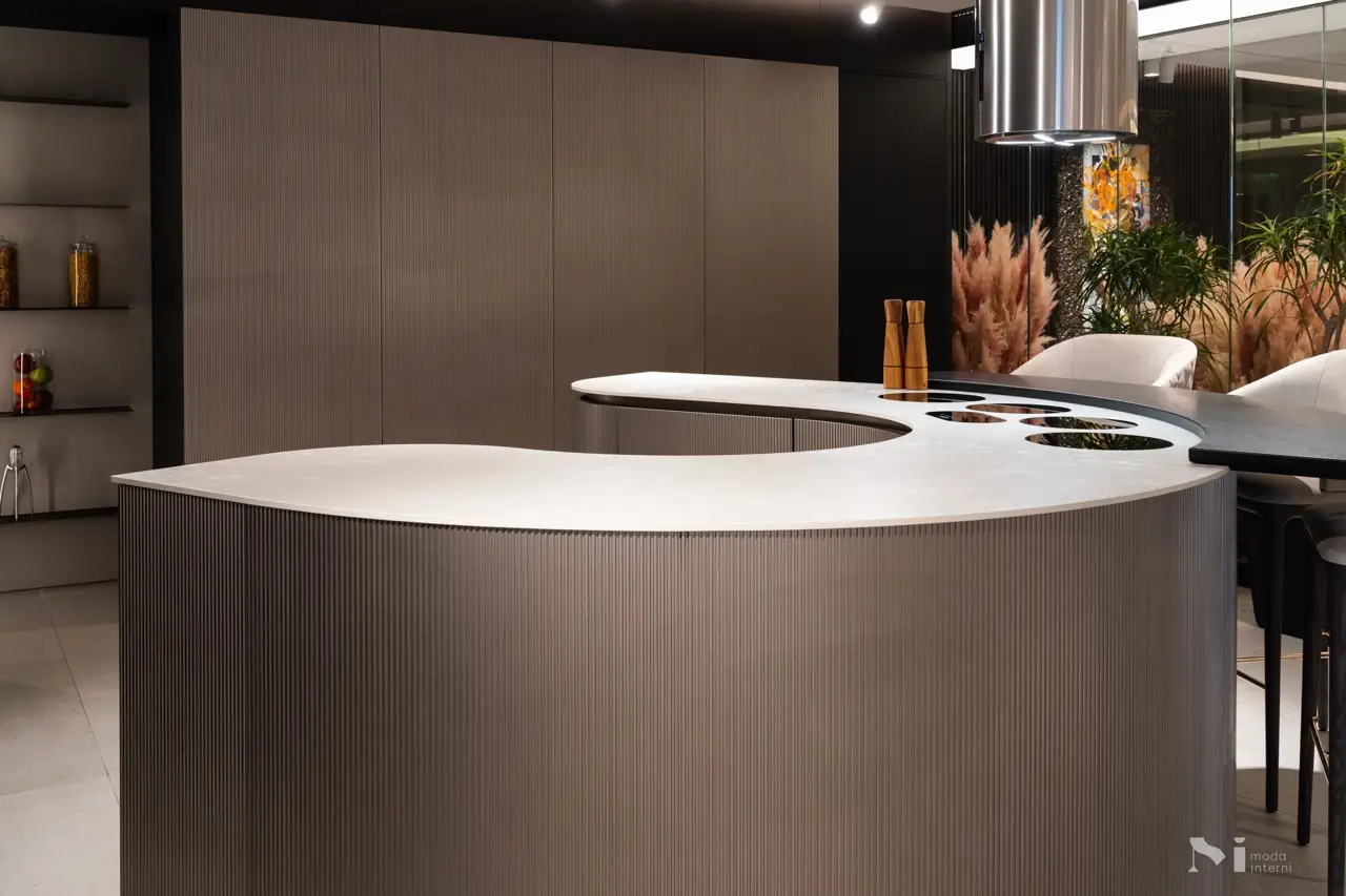 Side view of the Pedini curved kitchens.
